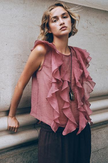 TOP SEMI-TRANSPARENT À VOLANTS - MARSALA de Zara