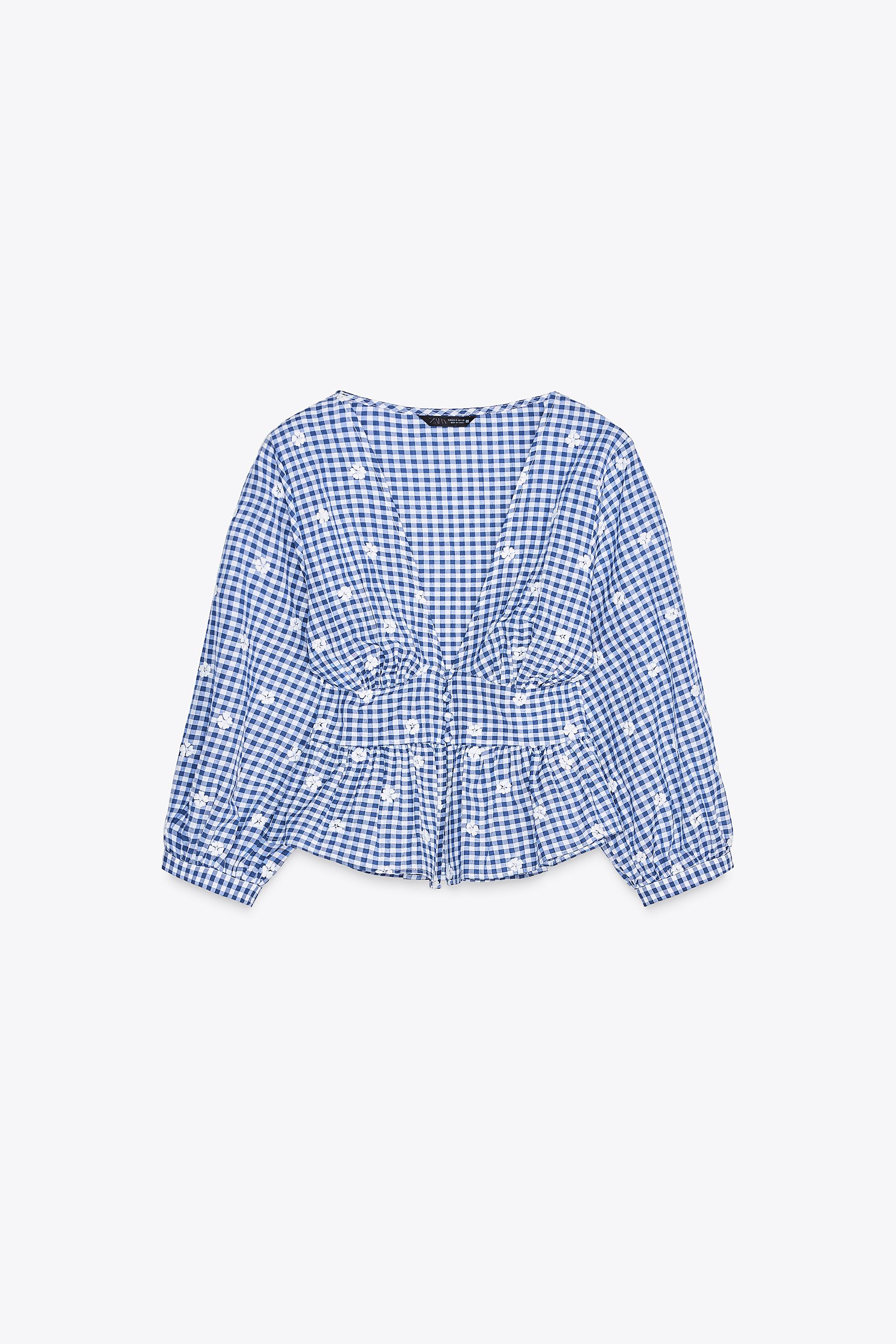 刺繍入りギンガムチェック柄トップス - 青色/白色 | ZARA Japan
