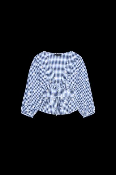 EMBROIDERED GINGHAM TOP - Blue/White by Zara - Image 0