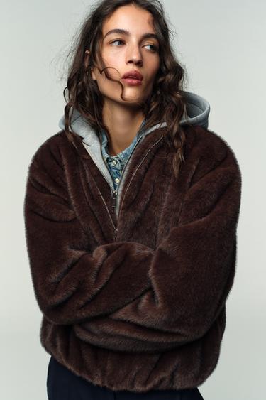 COMBINED FAUX FUR HOODIE JACKET - Brown by Zara