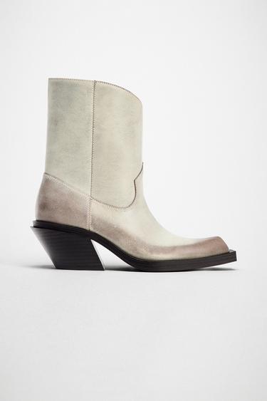 Zara LEATHER COWBOY ANKLE BOOTS - white