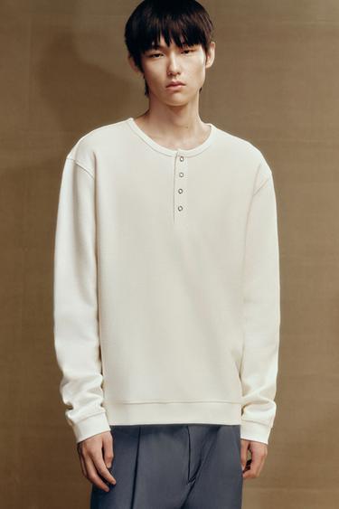 Zara 羅紋鈕扣領 T 恤 - 磨白色