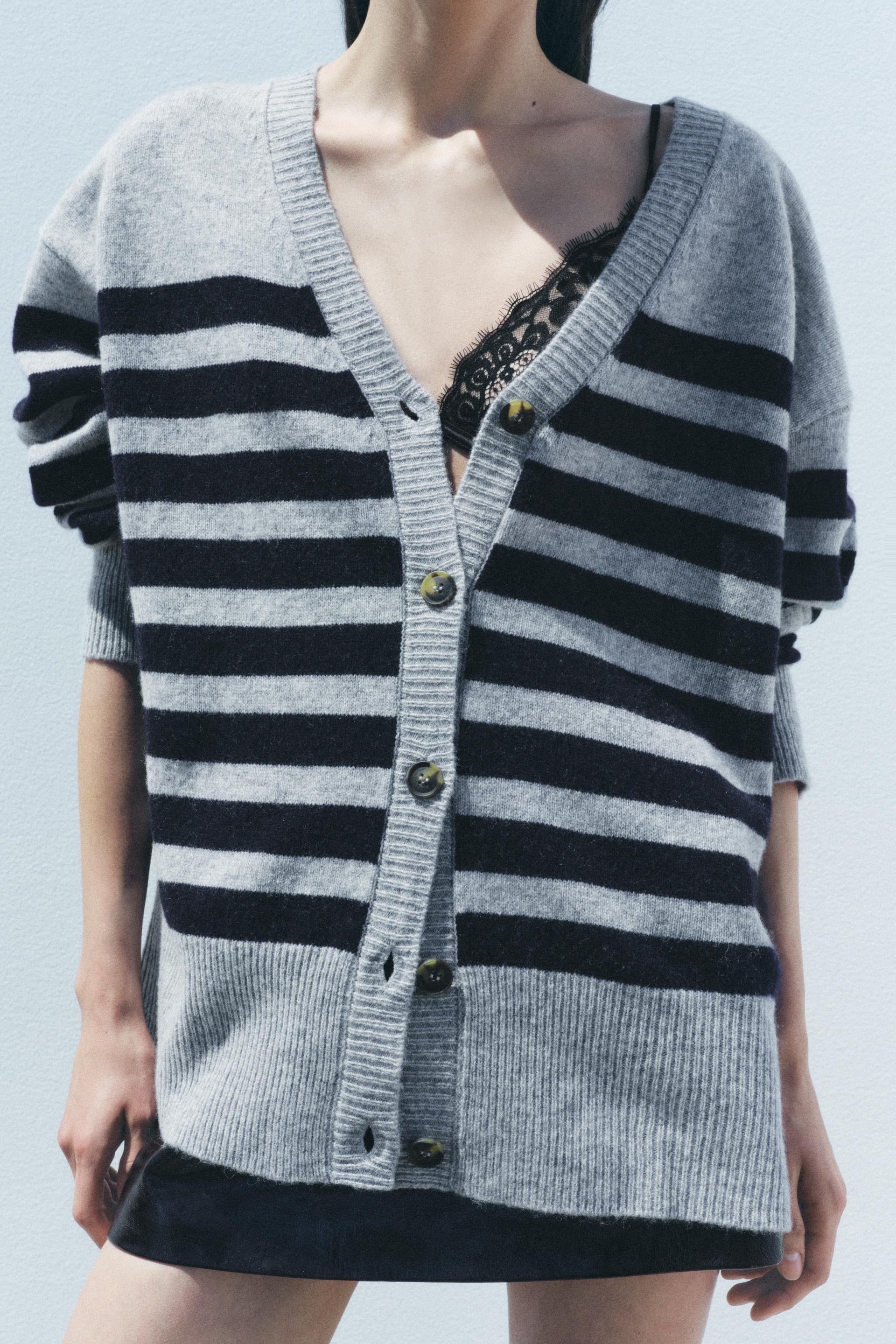 100 WOOL STRIPED KNIT CARDIGAN