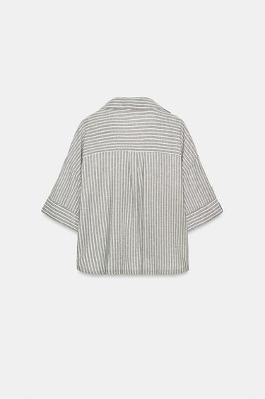 Zara STRIPED LINEN SHIRT - Khaki