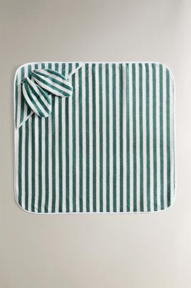 CHILDREN'S STRIPED VELOUR HOODED BATH TOWEL - Green by Zara - Image 3