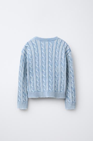 CABLE-KNIT ACID WASH JUMPER - White / Sky blue by Zara - Image 1