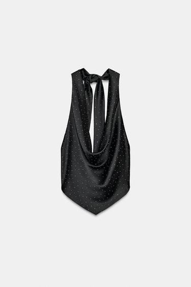 Zara RHINESTONE SATIN EFFECT HALTER TOP - Black