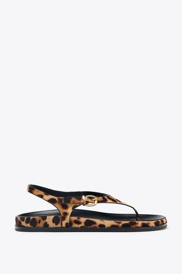 ANIMAL PRINT LEATHER AND SHEEPSKIN SANDALS - Leopard by Zara