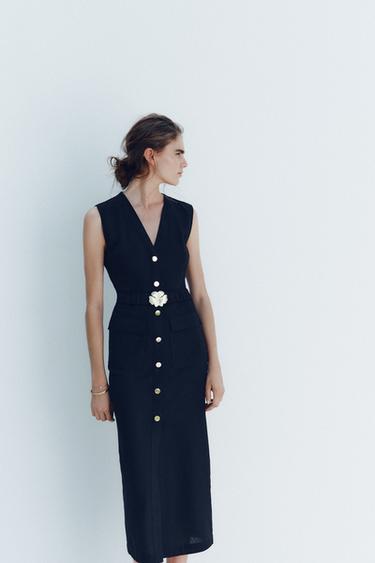 MIDI DRESS WITH LINEN BLEND BELT - Navy blue by Zara - Image 1