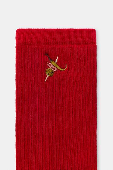 GILDA EMBROIDERED MICRO RIB SOCKS - Red by Zara - Image 1