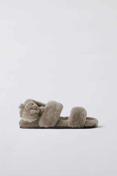 LEATHER SANDALS WITH FAUX FUR - Ecru White by Zara
