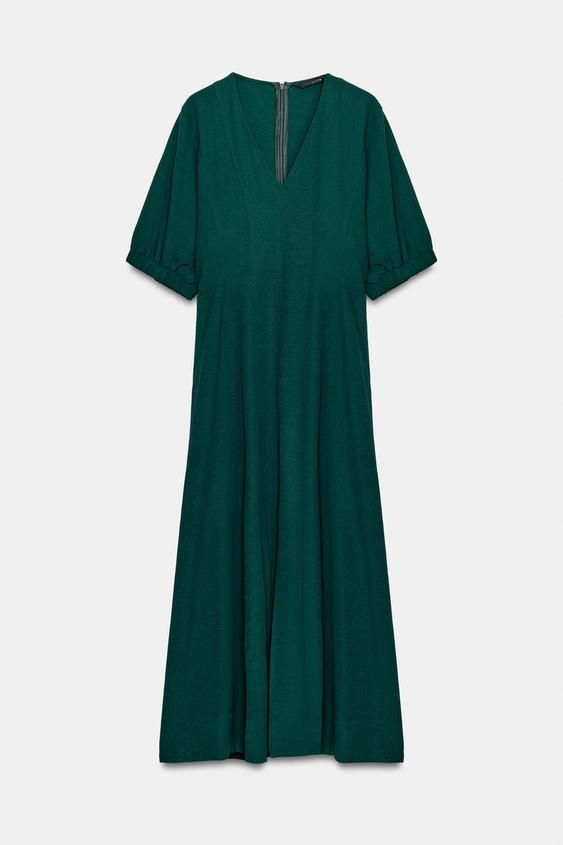 VESTIDO MIDI ESCOTE PICO - Verde de Zara - Imagen 0