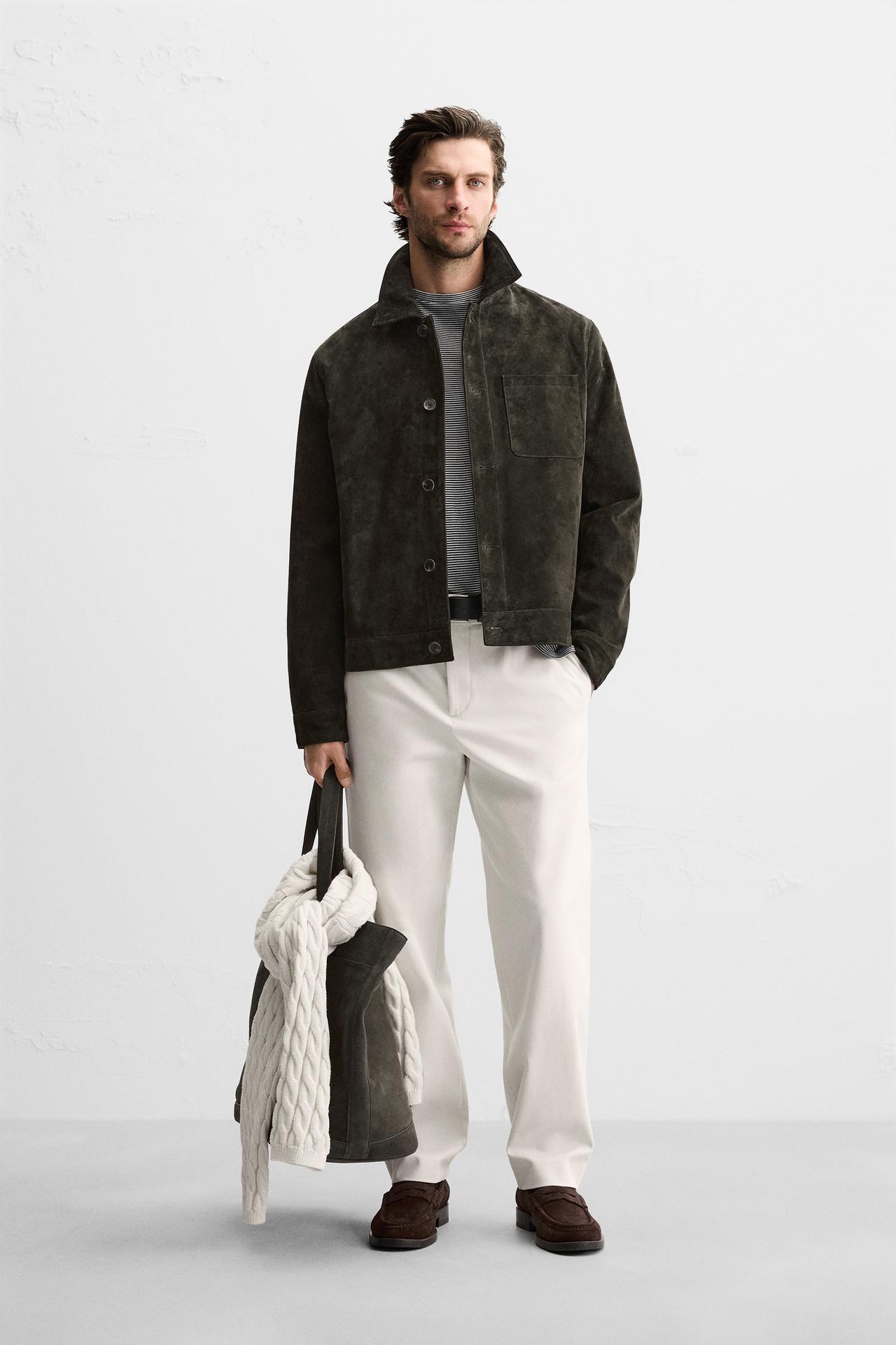 VESTE EN CUIR DAIM - Vert de Zara