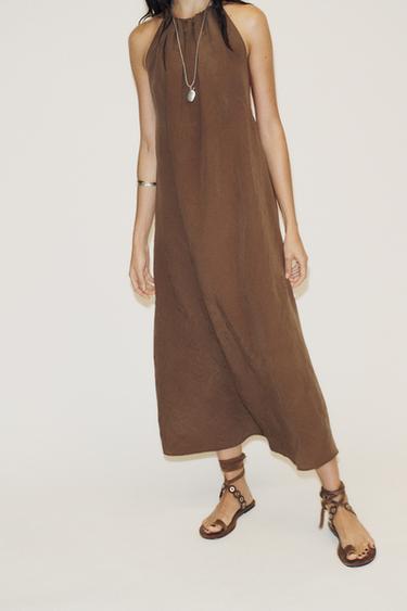 FLOWING OPEN BACK HALTERNECK DRESS - Dark brown by Zara - Image 1