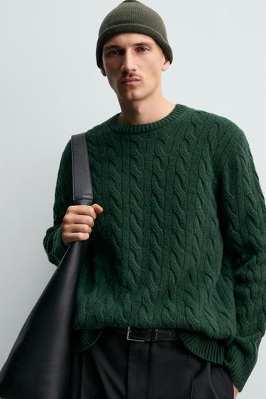 100% WOOL CABLE-KNIT JUMPER - Dark bottle green by Zara - Image 4