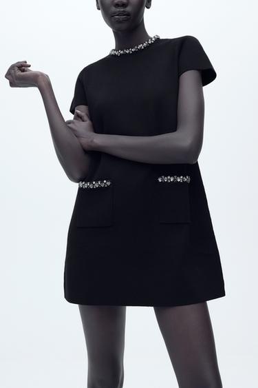 KNIT MINI DRESS WITH RHINESTONE BEADS - Black by Zara