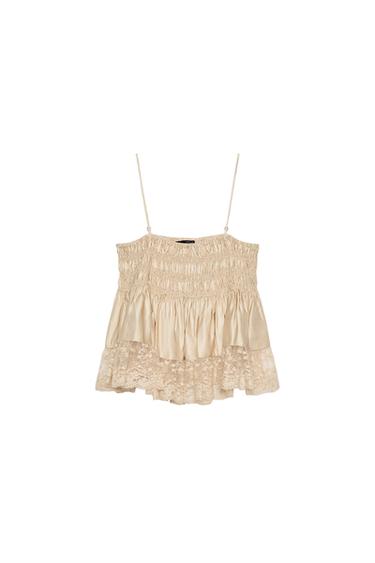 Zara SATIN EFFECT LACE TOP - Mink
