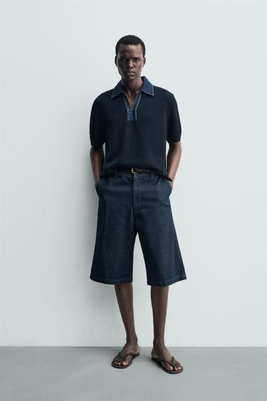 POLO EN MAILLE COL DENIM CONTRASTANT - Bleu marine foncé de Zara - Image 0
