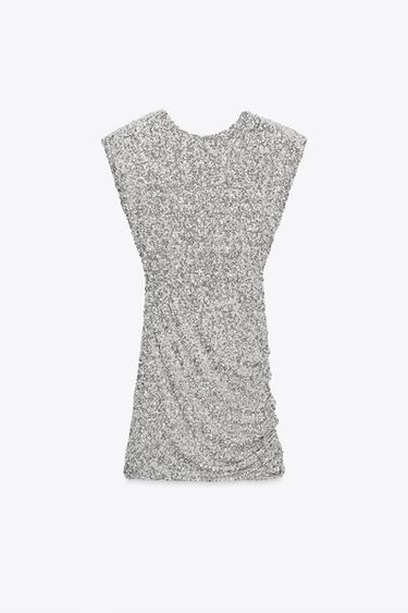 ZW COLLECTION SEQUINNED DRESS WITH SHOULDER PADS - Silver by Zara - Image 4