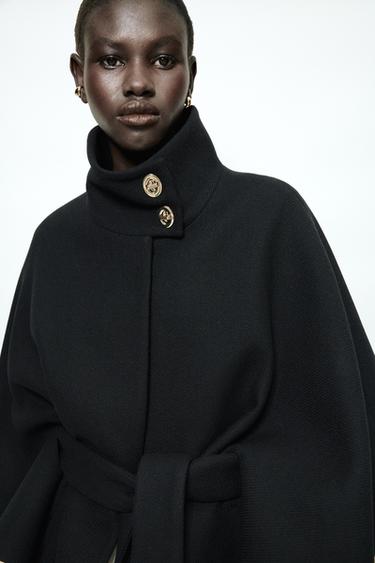 Zara WOOL BLEND CAPE COAT WITH BELT - Black