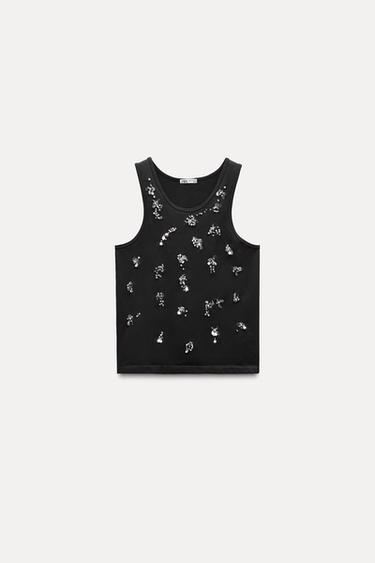 SEAMLESS TOP WITH RHINESTONES - Black by Zara