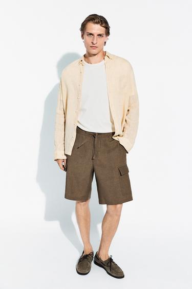 Zara 100% linen cargo Bermuda shorts - Khaki - Image 0