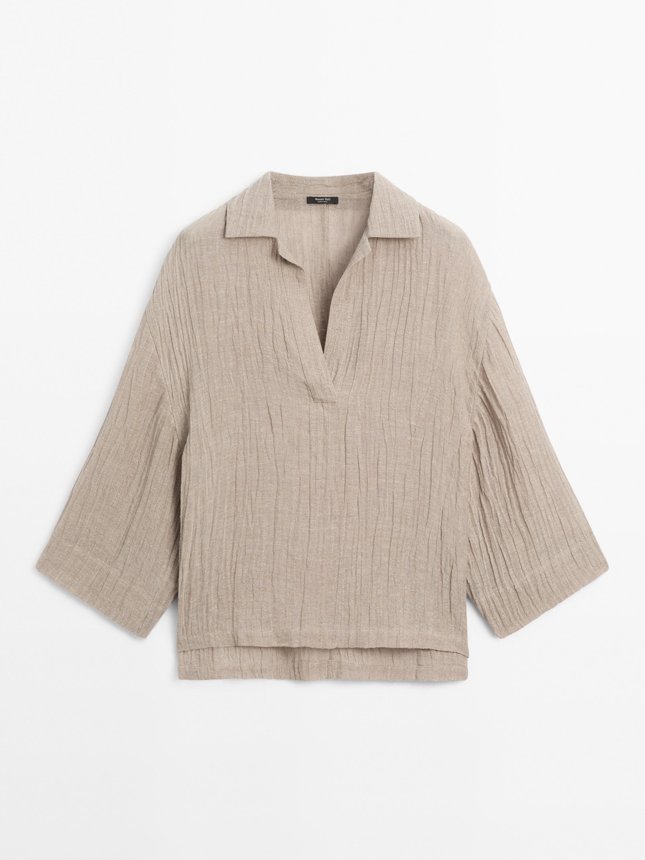 Flowing linen blend blouse with open neckline