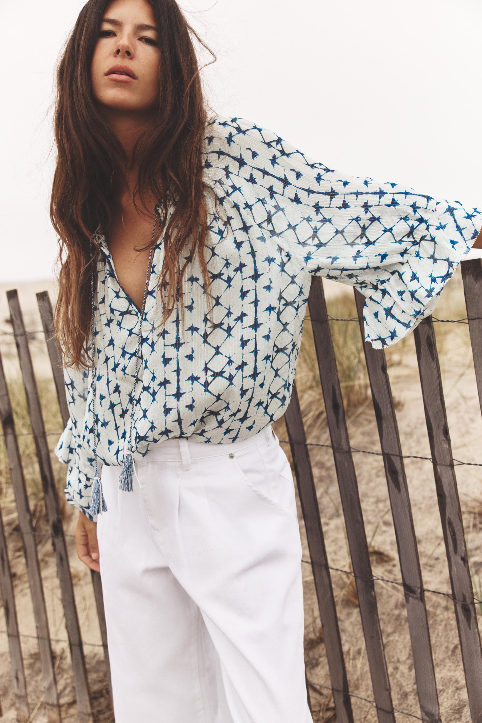 トップス theredthread S front belt blouse METALLIC THREAD PRINTED BLOUSE - Ecru / Blue | ZARA United