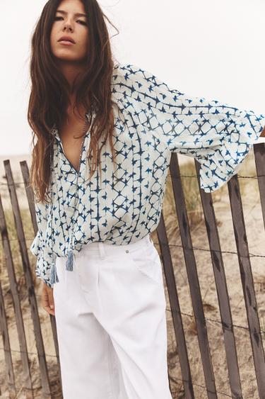 PRINTED BLOUSE WITH METALLIC THREAD - Ecru / Blue by Zara - Image 3