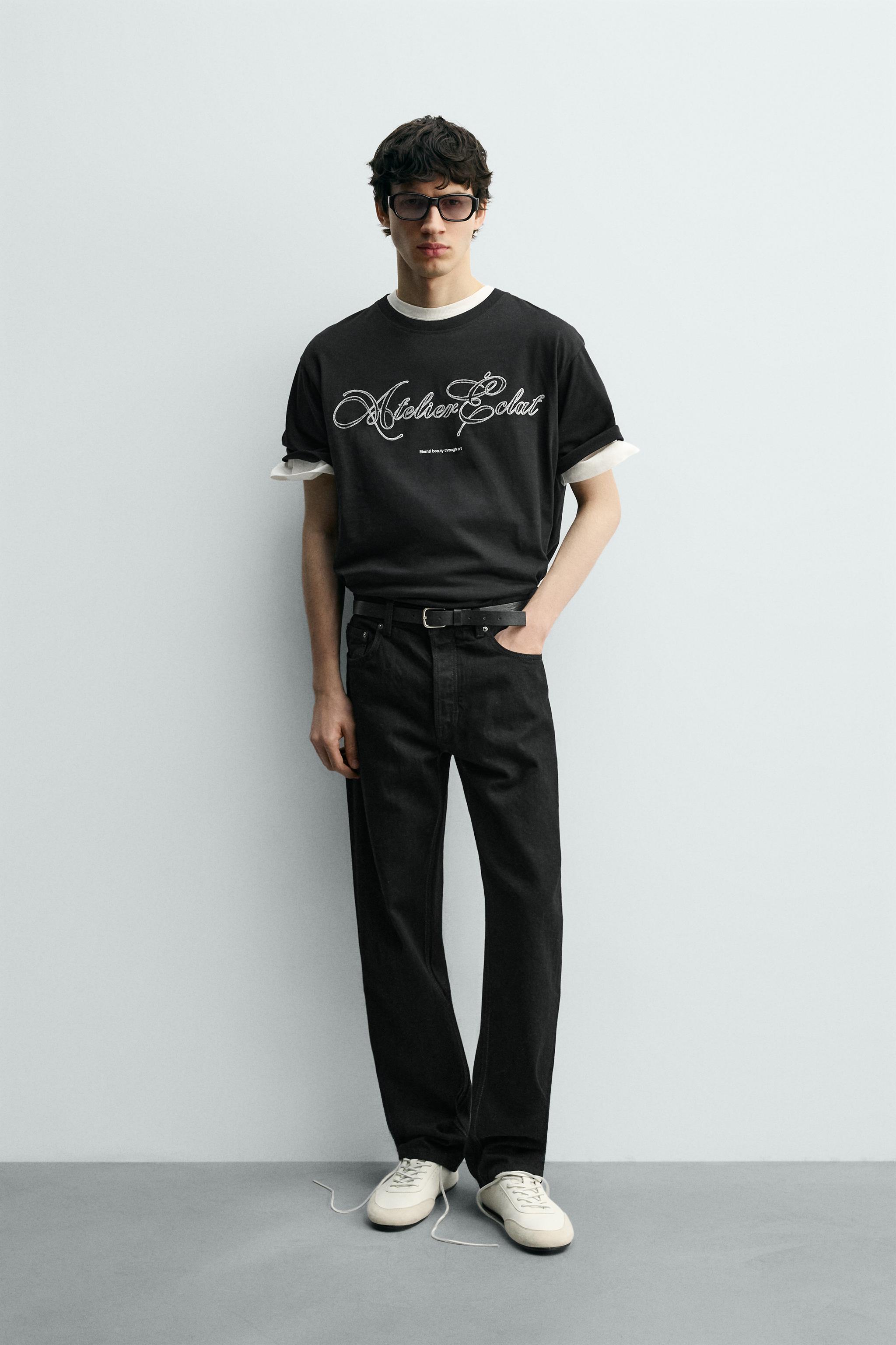 EMBROIDERED TEXT T-SHIRT - Black | ZARA United States