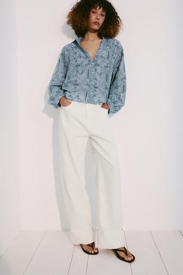 Zara EYELET EMBROIDERY SHIRT - Blue