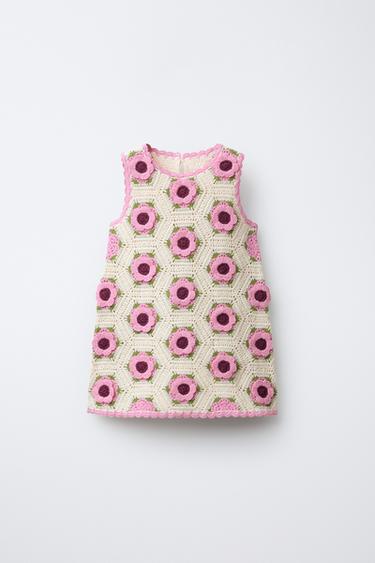 CROCHET KNIT FLORAL DRESS - Pink by Zara