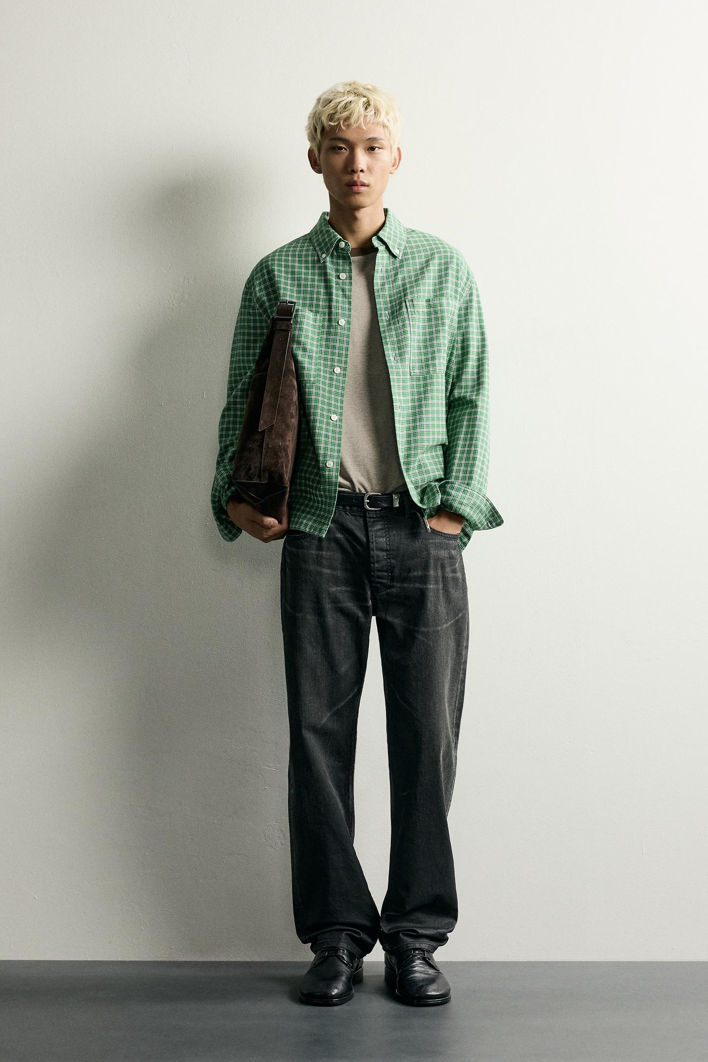 Мужская рубашка Zara Relaxed Fit Plaid, цвет: Зелёный — фото 1