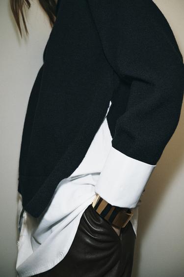 PULL EN MAILLE BIMATIÈRE POPELINE - Bleu marine / Blanc de Zara - Image 2