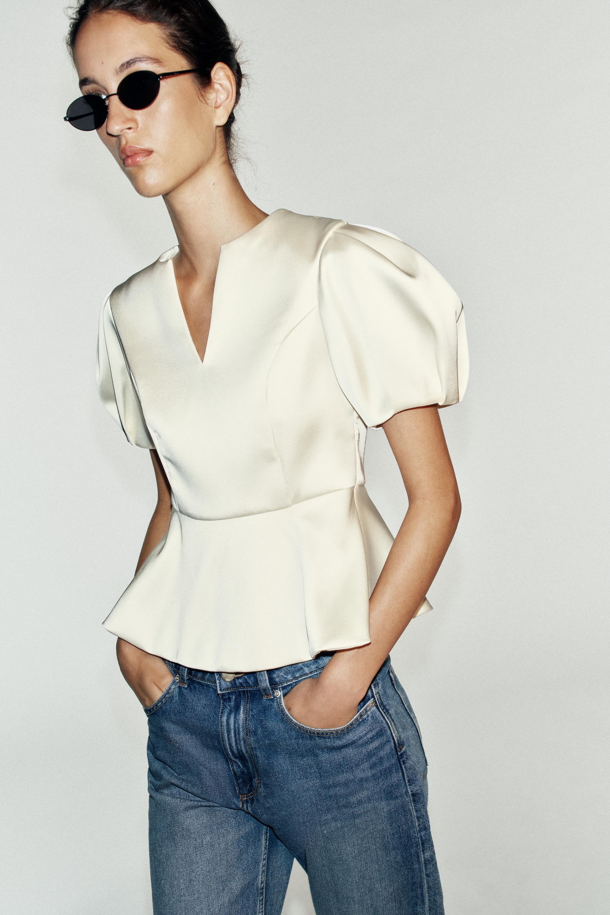 Женские рубашки Zara SATIN PUFF SLEEVE TOP — фото 5