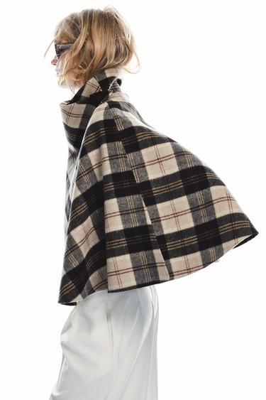 ZW COLLECTION CHECK WOOL CAPE - Ecru / Beige by Zara