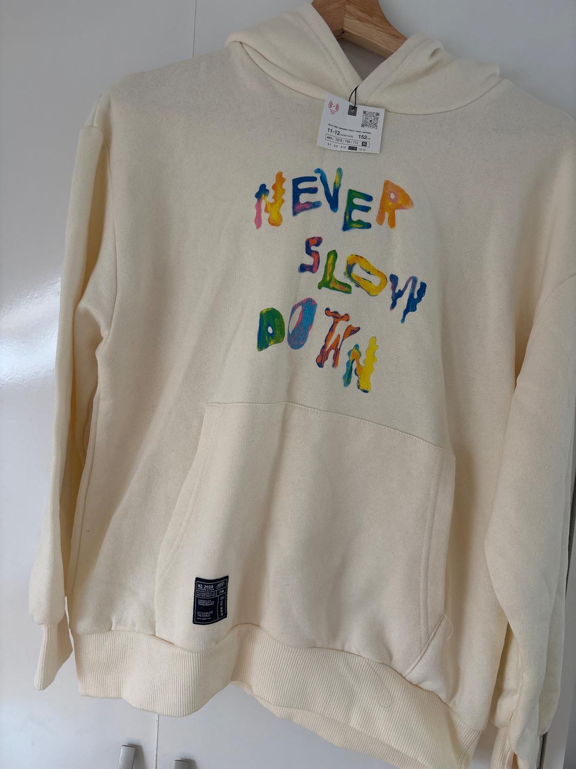 Beige hooded sweatshirt, colourful text "NEVER SLOW DOWN" on the front, hanging on a wooden hanger. Visible tag.