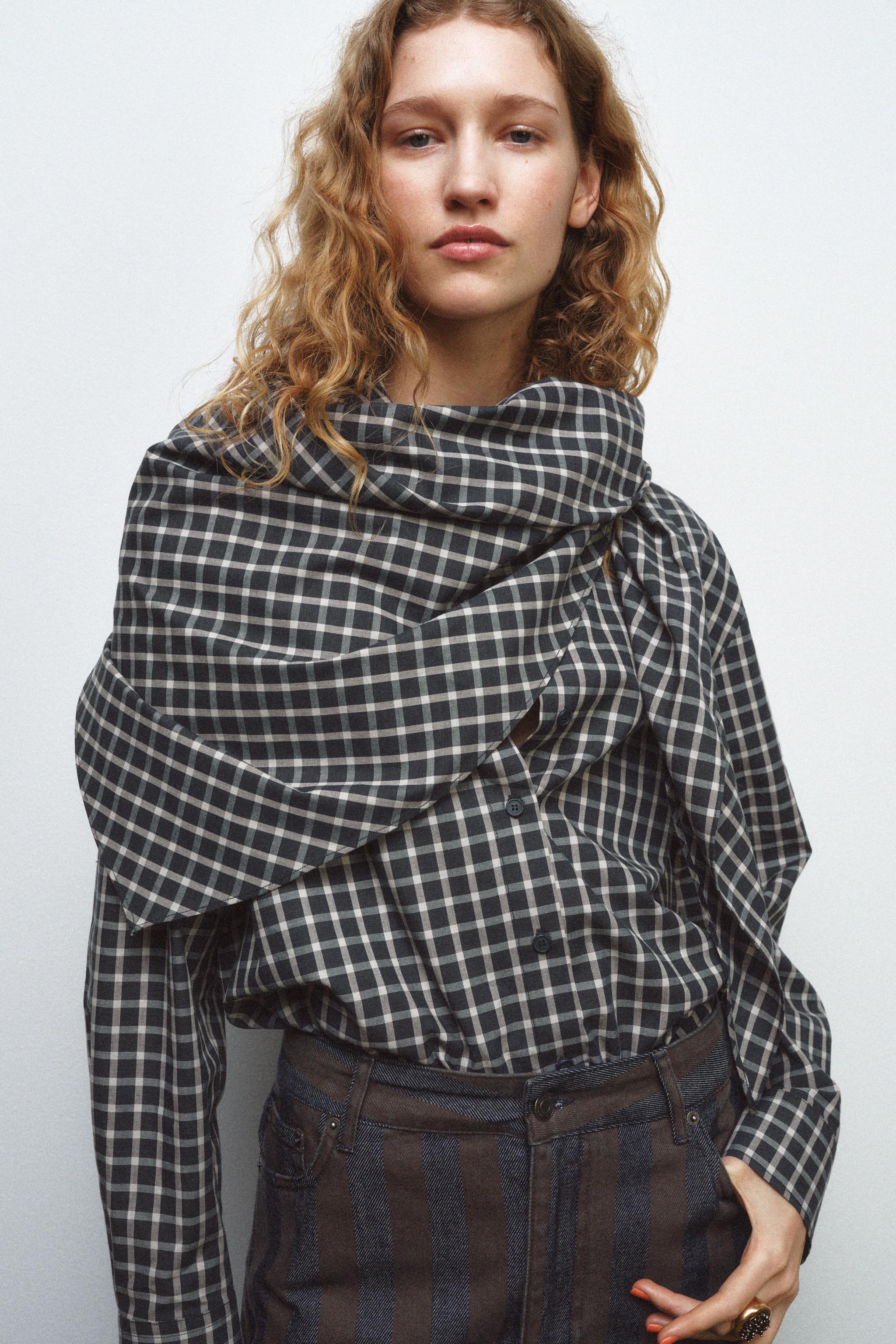 ZW COLLECTION OVERSIZE CHECK SHIRT WITH SCARF - Blue | ZARA South
