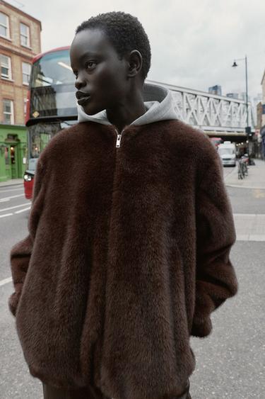 Zara COMBINATION FAUX FUR HOODIE JACKET - Brown