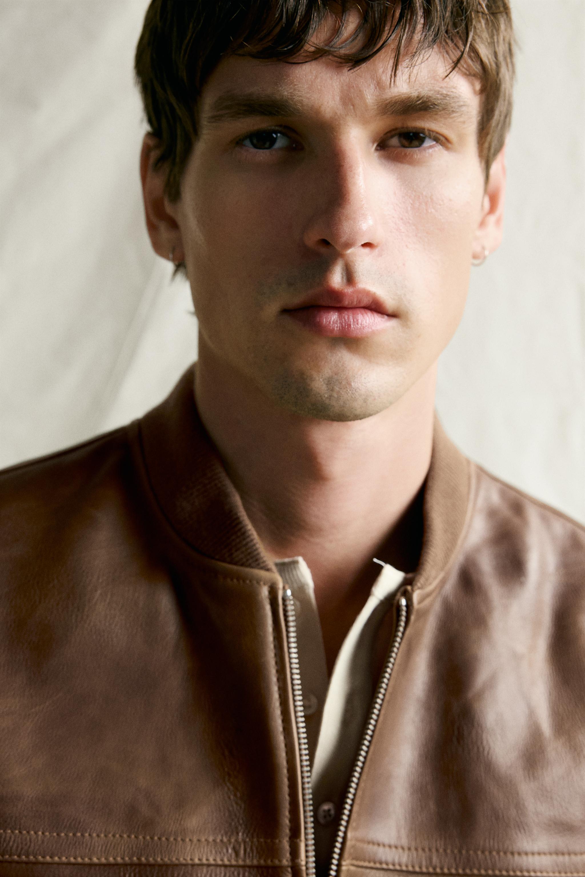 Мужские куртки Zara VINTAGE-EFFECT LEATHER BOMBER JACKET — фото 5