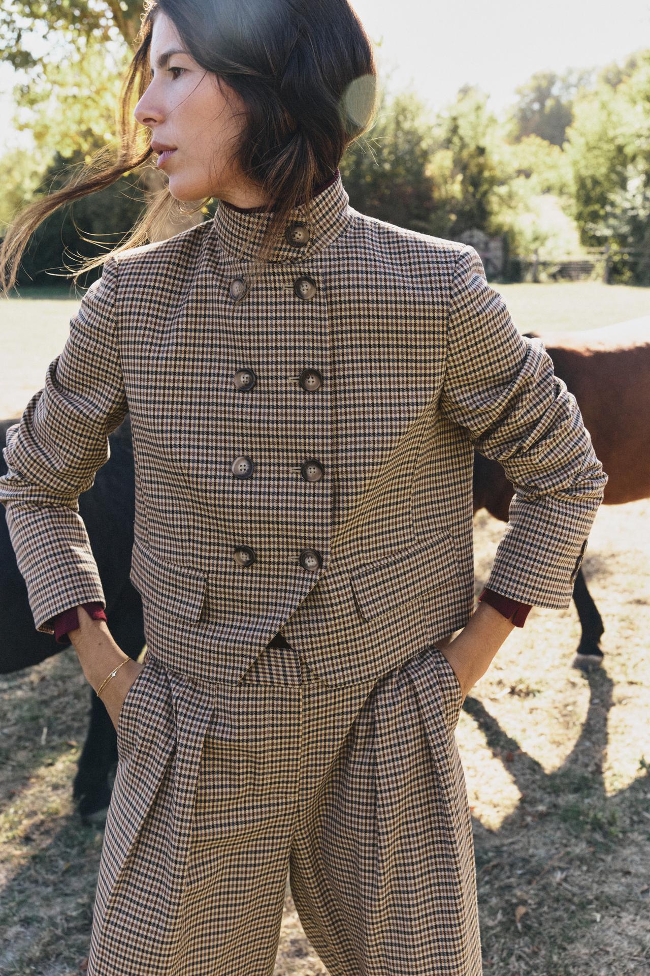 CROPPED PLAID BLAZER — taupe brown