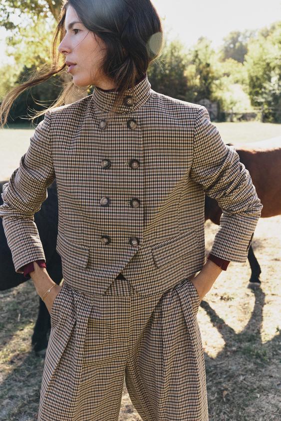 VESTE COURTE PIED-DE-POULE - Marron clair de Zara - Image 1