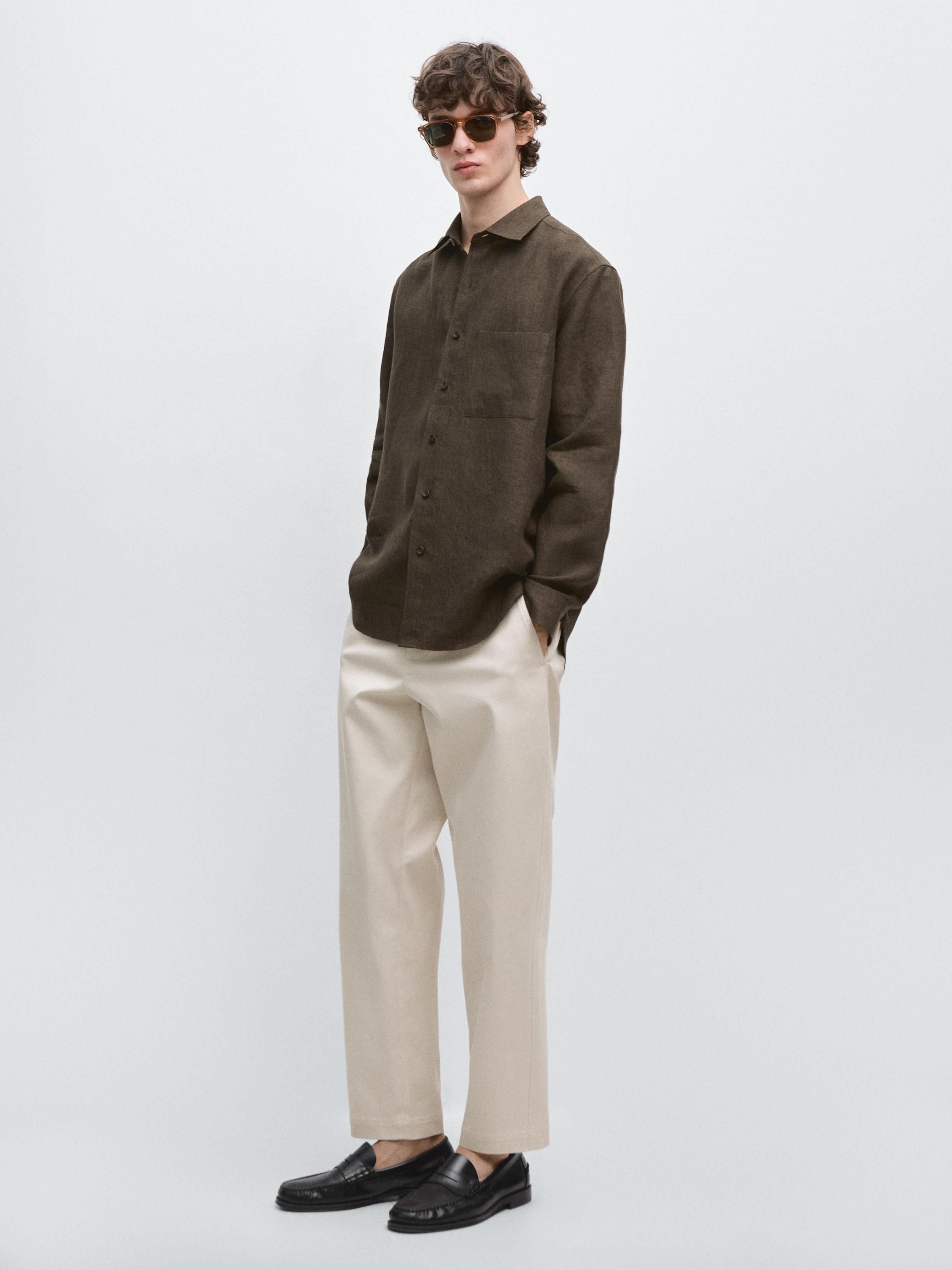 Regular fit faded linen shirt with pocket detail