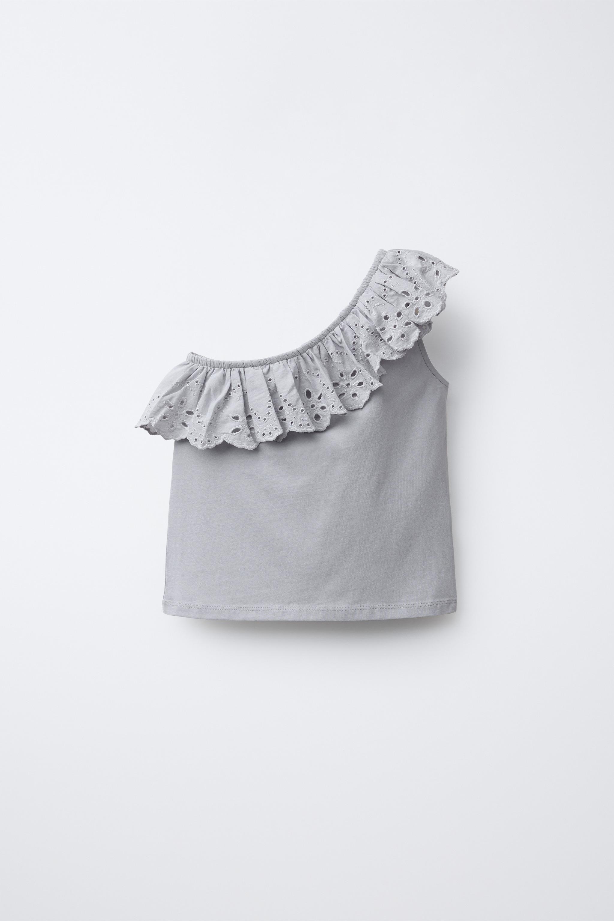 CAMISETA ASIMÉTRICA VOLANTE BORDADO - Azul claro | ZARA Chile
