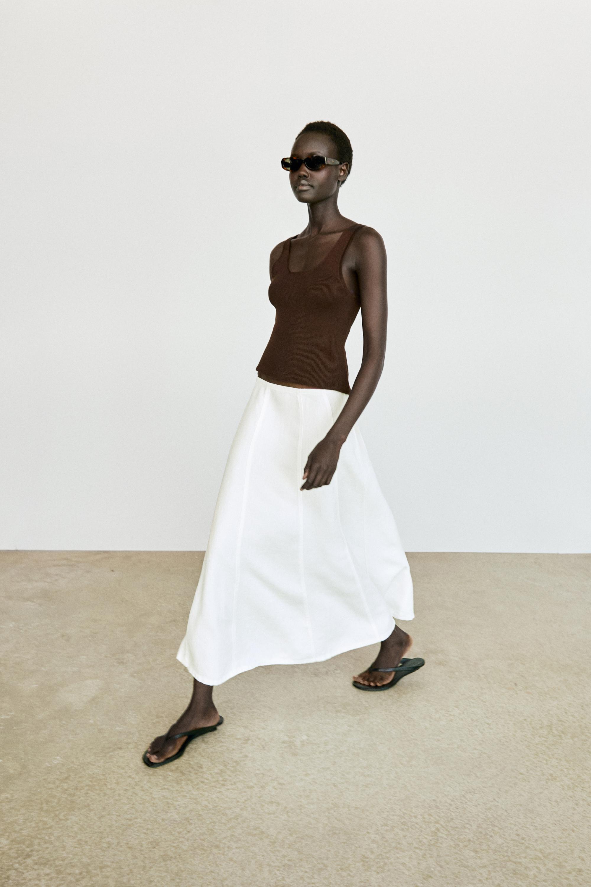 100% linen denim-effect midi skirt