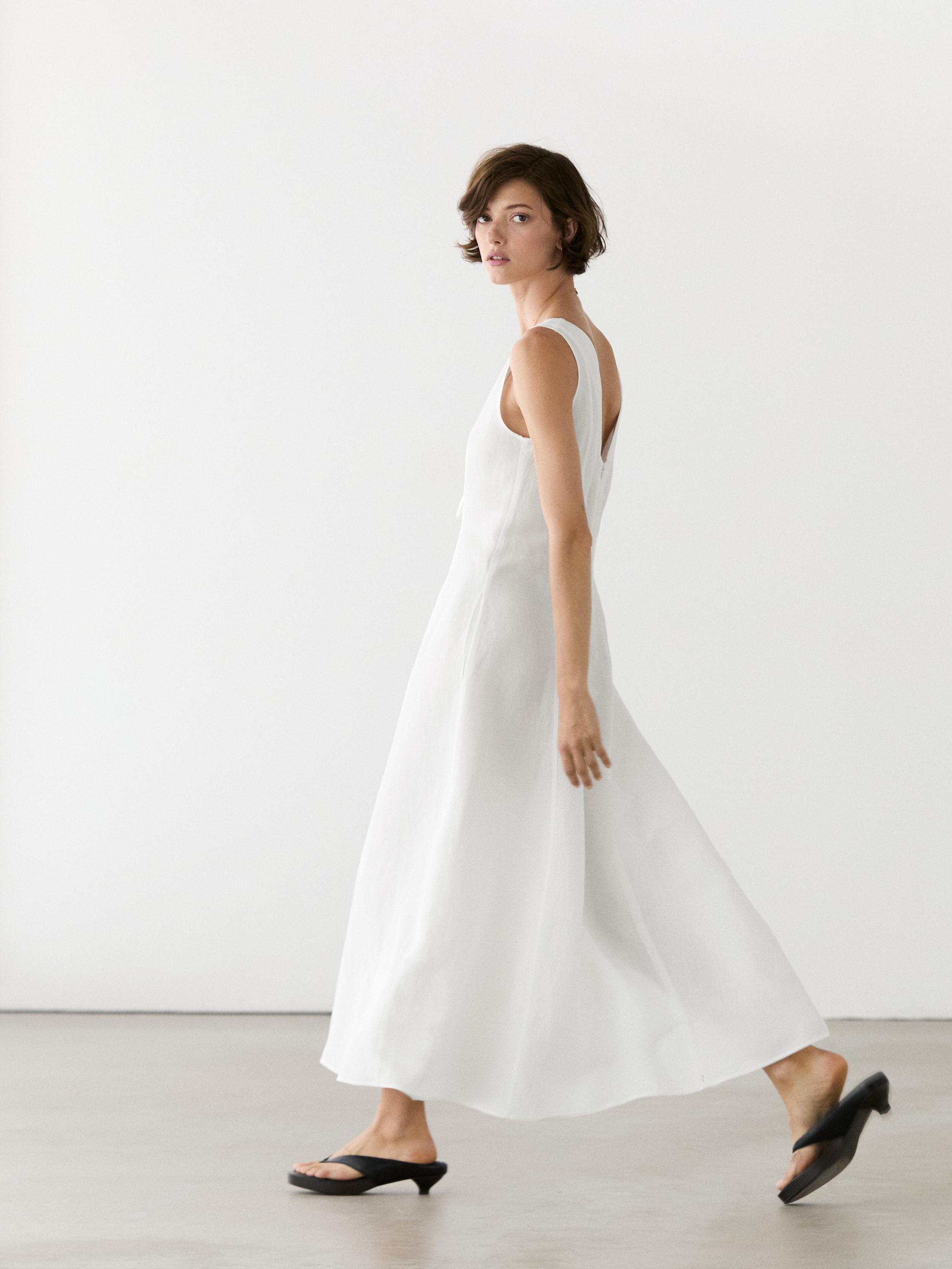 Flowing linen blend midi dress — White