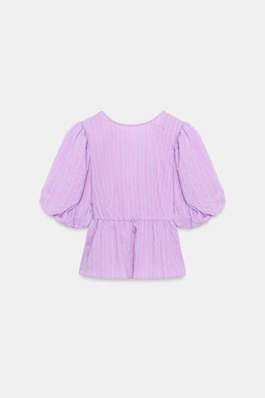 BLOUSE À RAYURES MANCHES BOUFFANTES ET NŒUD - Rose / Lilas de Zara - Image 4