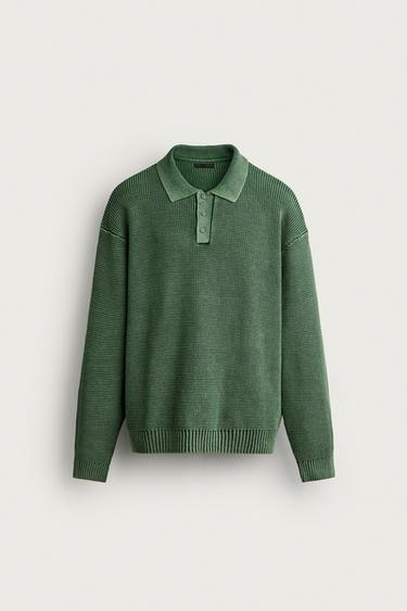 WASHED COTTON KNIT POLO SHIRT - washed green by Zara
