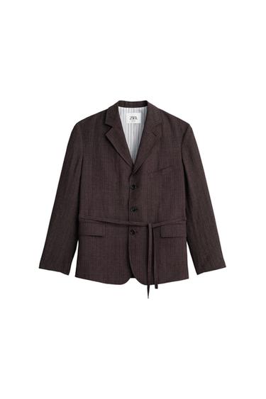 Zara STRIPED VISCOSE - LINEN SUIT JACKET - Dark brown
