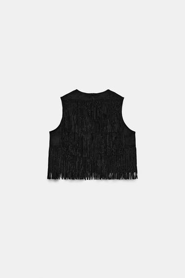 STUDDED FAUX SUEDE FRINGE TOP - Black by Zara